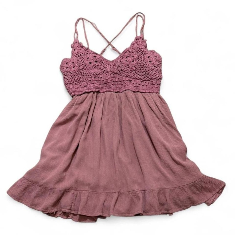 Aeropostale Mauve pink crochet boho baby doll cottage core flowy mini dress